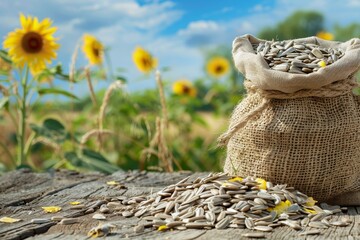 Fototapeta premium Sunflower seeds in burlap bag on wooden table with field background Photo with space for text