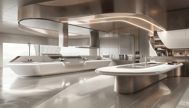 Immerse viewers in a wide-angle shot of a futuristic kitchen where high-tech culinary gadgets hover artistically above a sleek