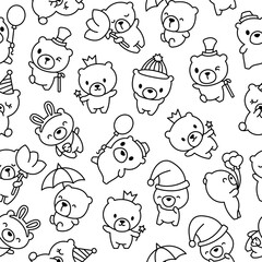 Cute kawaii teddy bear. Seamless pattern. Coloring Page. Cartoon funny animals character. Hand drawn style. Vector drawing. Design ornaments.