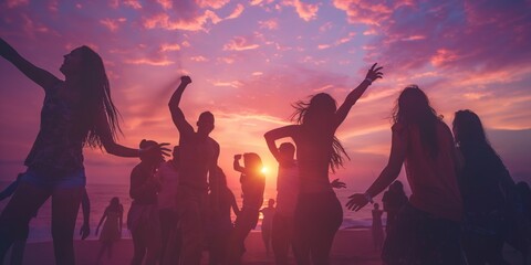 Silhouettes of joyous people dancing on a beach during a vibrant sunset, depicting enjoyment and celebration