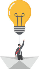 Business people grow their business with creativity. paper boat floats with light bulb balloons and there is a businessman in a paper boat

