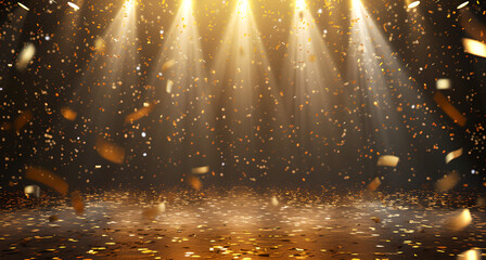 An empty stage lit up by spotlights and surrounded by smoke, golden sparkles falling, with space for messages or logos in stage background,  ambiance of festive celebration 