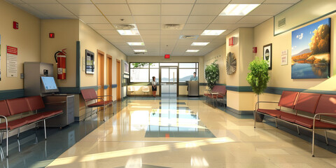 Obraz premium Health Center Floor: Featuring examination rooms, medical equipment, and a waiting area for student health services