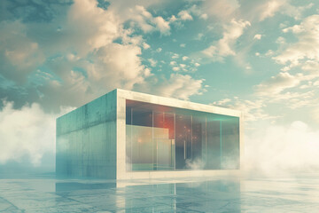 The image shows a glass house floating above the clouds. The water reflects the sky and the house, creating a beautiful and surreal scene.