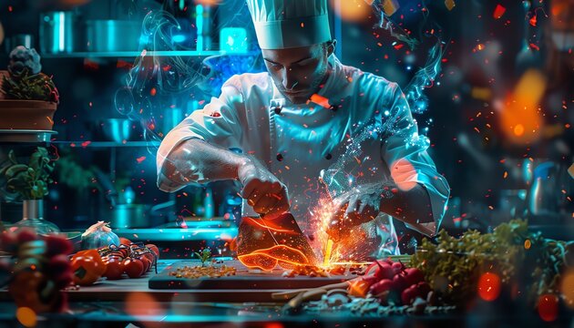 Witness the fusion of culinary tradition and technological innovation in a captivating frontal scene of a chef slicing ingredients with precision under a neon-lit