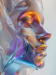 a highly detailed 3D rendering of a woman's face from the side The face should be made of glass and have a futuristic