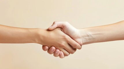 A united handshake of a male and female hand on a toned background