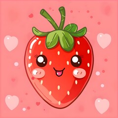 cartoon shape strawberry in a haert shaped pink background generative ai, Kawaii strawberry fruit icon
