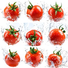 set of fresh tomato  with water drops isolated on white background generative ai