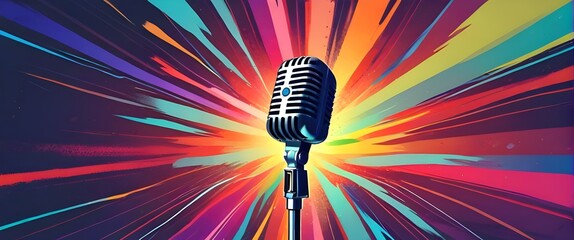 Retro style microphone, podcast idea and live conversation concept wallpaper on colorful background with copy space for messages. Vector illustration. Generative AI