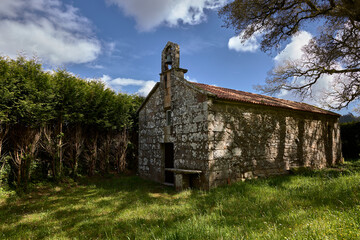 Valga (Spain), April 9, 2024. Chapel of San Mamede. It is in the parish of marters. It was built in the 5th centuries. In this place there were a Roman Ara of the first century dedicated to the god Me