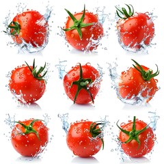 Tomatos in water splash on white background. Generative AI 