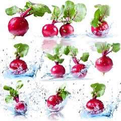 Illustration of fresh juicy radish juices splashing isolated on white background

