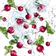 A bunch of radishes with green leaves and the word radish on it, 
Radish seamless background splashing in water generative AI
