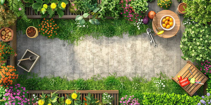 Outdoor Garden Floor: Showing garden beds, tools for gardening, and learning areas for outdoor gardening activities
