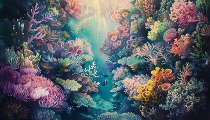 Explore the hidden depths of a vast coral reef in a dreamlike portrayal, featuring soft pastel hues and intricate details of sea creatures illuminated by dappled light