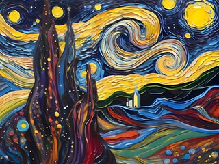 Landscape Starry Night Illustration Inspired Art