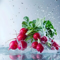 collection of radishes with splashing water in water drops on white background, Fresh red radish vegetables with water drops over it water drops on radish
