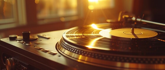 Obraz premium A golden record player playing a classic vinyl, with the warm glow of music spreading through the room