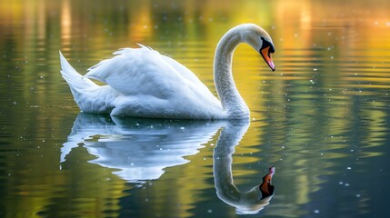 Fototapeta premium A graceful swan glides across the still waters of a lake, its reflection shimmering in the sunlight.