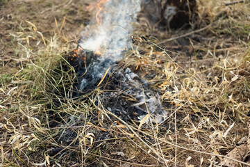 grass burning on the field, after harvest, autumn time. Environmental pollution and emissions