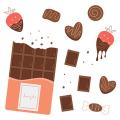 Set of chocolates, chocolate bar, heart shaped chocolate, chocolate covered strawberries, chocolate clipart