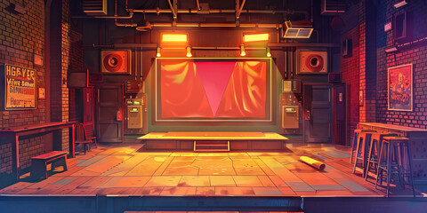 Naklejka premium Drama Studio Floor: Displaying a stage area, costume and prop storage, and seating for rehearsals and performances.