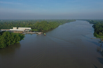 Daytime aerial view Bang Pakong river in Chachoengsao province, Thailand. Bang Pakong River...