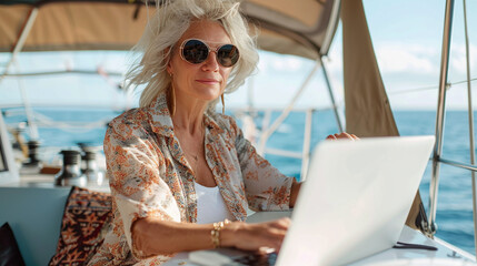 A chilled out executive woman in her 60s working on laptop computer at a boat, on vacation, boss life