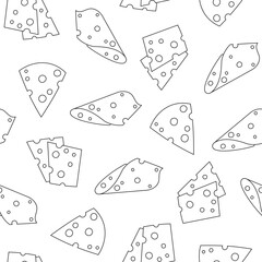 Slices and slicing of cheese. Seamless pattern. Coloring Page. Parmesan, mozzarella, hollandaise, ricotta, a piece of different types. Hand style. Vector drawing. Design ornaments.