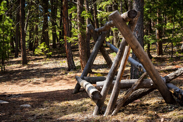 wooden fence on a trail in the woods