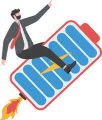 Energetic businessman propelling a rocket full of energy. business concept vector

