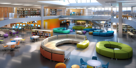 Learning Commons Floor: Showing collaborative workspaces, technology hubs, and flexible seating for group projects and independent study