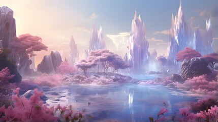 Fantasy landscape with fantasy lake and mountains. 3D illustration.