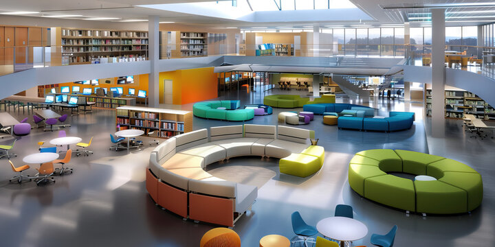 Learning Commons Floor: Showing collaborative workspaces, technology hubs, and flexible seating for group projects and independent study