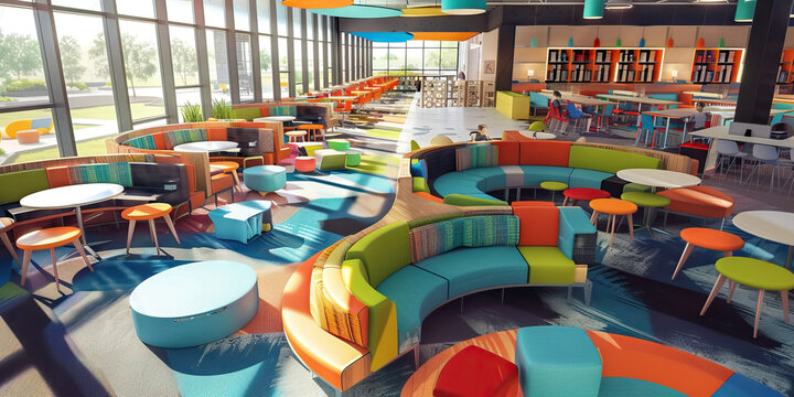 Learning Commons Floor: Showing collaborative workspaces, technology hubs, and flexible seating for group projects and independent study