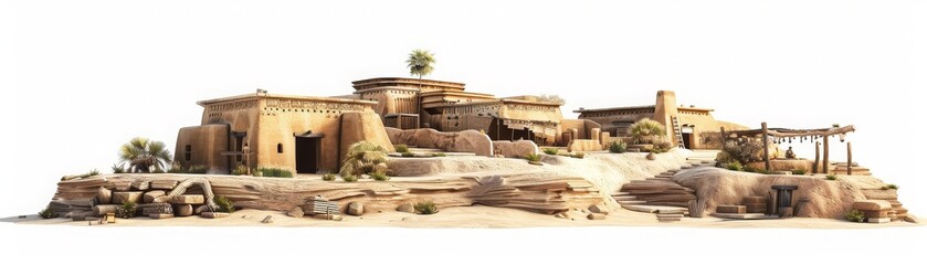A desert landscape with a small house and a tree