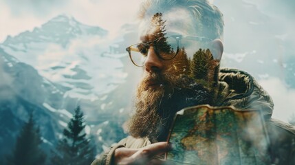 A stylish bearded traveler holds a map in his hands. Double exposure, beautiful mountain landscape background. Here you can write your message.