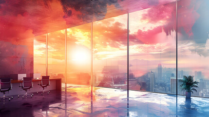 Visionary Vista: A Panoramic Watercolor Office View Inspiring Innovation
