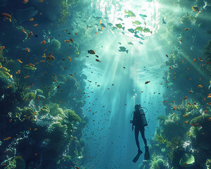 Naklejka premium A scuba diver explores a coral reef teeming with colorful fish.