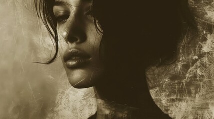 A womans face is elegantly showcased in sepia tones, portraying a vintage and grunge look fashion style
