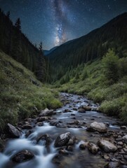 Fototapeta na wymiar mountain river in the mountains,starry night, long exposure