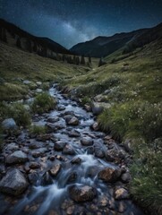 Naklejka na ściany i meble mountain river in the mountains,starry night, long exposure