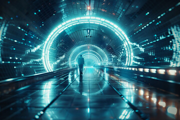 The image shows a man walking through a futuristic tunnel