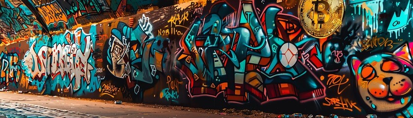 Illustrate a graffiti-covered wall featuring real-time cryptocurrency market updates Utilize a mix of digital and traditional techniques to portray the scene from a low