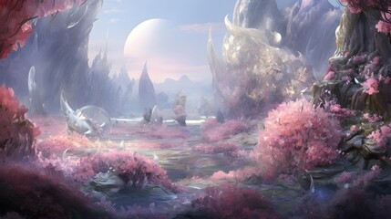 Fantasy landscape with japanese temple and cherry blossoms.