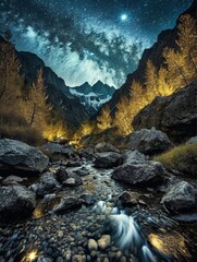Obraz premium mountain river in the mountains,starry night, long exposure