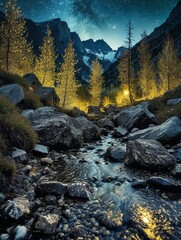 mountain river in the mountains,starry night, long exposure