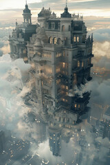 The image is a digital painting of a steampunk city floating in the clouds