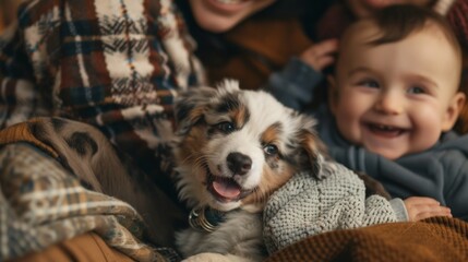 An adorable puppy licking the face of a baby while the whole family gathers around, laughing and sharing tender moments.